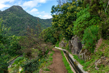 Fototapeta na wymiar Madeira. Hiking trail Vereda da Boca do Risco. Atlantic Ocean. Near Machico and Canical. Madeira Island, Portugal.