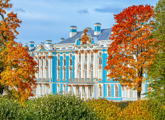 Catherine palace and park in autumn foliage, Tsarskoe Selo (Pushkin), St. Petersburg, Russia