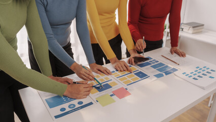 Group of ui ux developer brainstorming website wireframe mobile interface design on desk table.