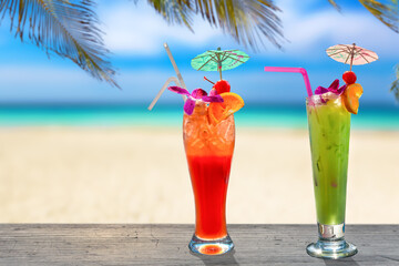 Colorful cocktails on a tropical beach