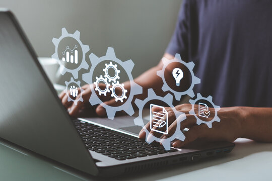 Automation and optimization concept, Optimise business process workflow development. Business process management and workflow automation diagram with gears and icons.