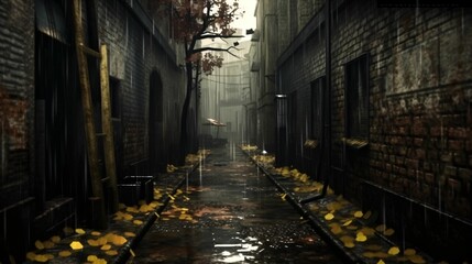 ruelle abandonnée, illustration d'une rue sombre et effrayante sous la pluie, ia générative