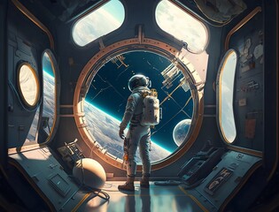An astronaut in a spaceship. pictures from a spaceship. Generative AI