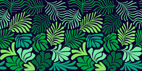 Multicolor abstract background with tropical palm leaves in Matisse style. Vector seamless pattern with Scandinavian cut out elements.