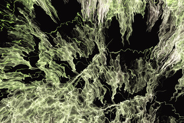 Yellow pattern of crooked waves on a black background. Abstract fractal 3D rendering