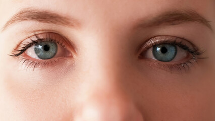 Eyes closeup. Vision eyesight. Ophthalmology correction. Cropped woman face with blue iris natural...