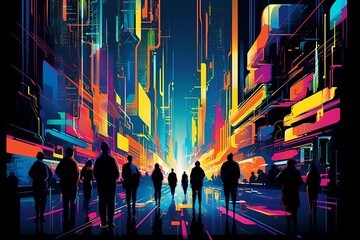 abstract digital landscape with vibrant colors and sharp lines, futuristic cityscape with people silhouettes. Geometric shapes and patterns. Generative Ai.