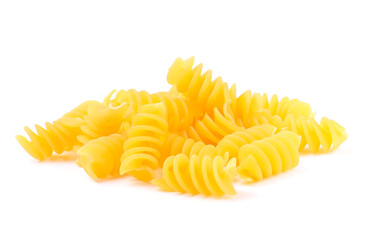 Raw fusilli pasta on white background, close-up