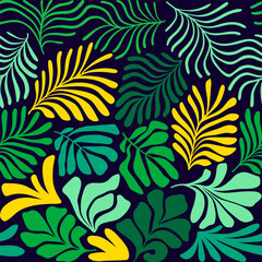 Multicolor abstract background with tropical palm leaves in Matisse style. Vector seamless pattern with Scandinavian cut out elements.