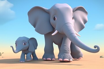 Fototapeta na wymiar 3D cartoon adorable baby elephant is following its mother's footsteps, learning how to be strong. Generative AI