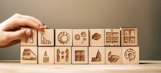 person is holding wooden blocks and writing the word home, in the style of industrial machinery aesthetics, etched still lifes, eastern orthodox icons, interactive pieces, adorable toy sculptures, use
