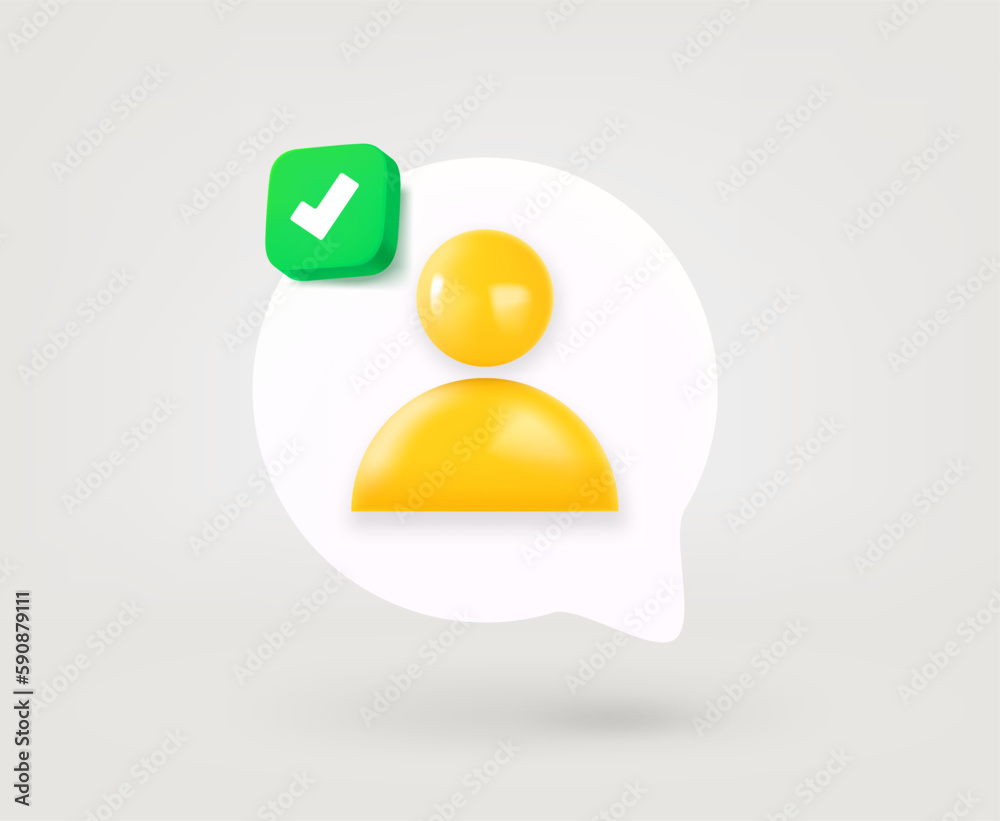 Poster Speech cloud with profile pictogram and approve check mark. Approved profile concept. 3d vector linear icon