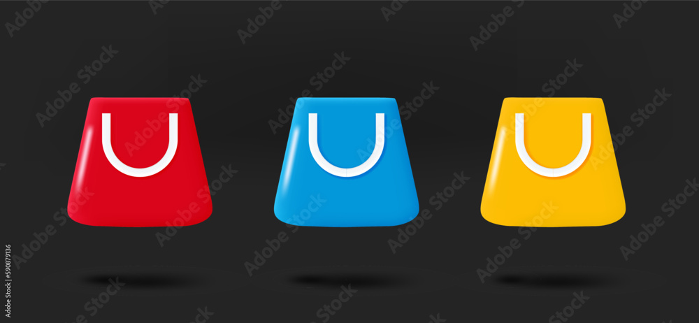 Poster different color shopping bag icons collection. 3d vector isolated on black background
