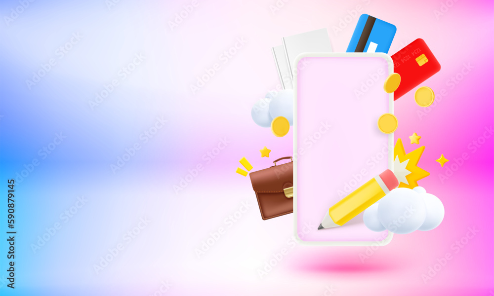 Poster Modern smartphone with business elements and blank screen. 3d vector banner with copy space
