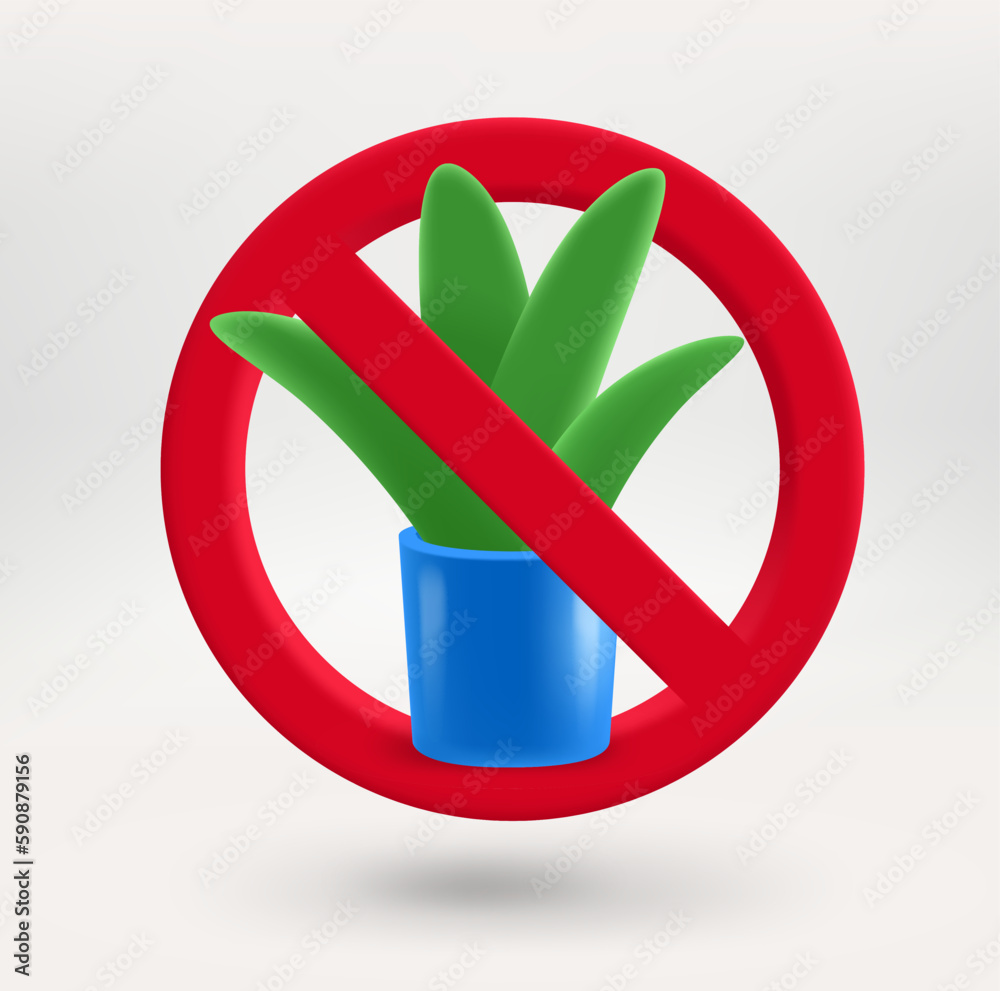 Poster plant icon in red circle with crossed line. no crop production concept. 3d vector icon
