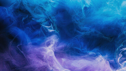 Mist texture. Color smoke. Paint water mix. Mysterious storm sky. Blue purple glowing fog cloud wave abstract art background with free space. © golubovy