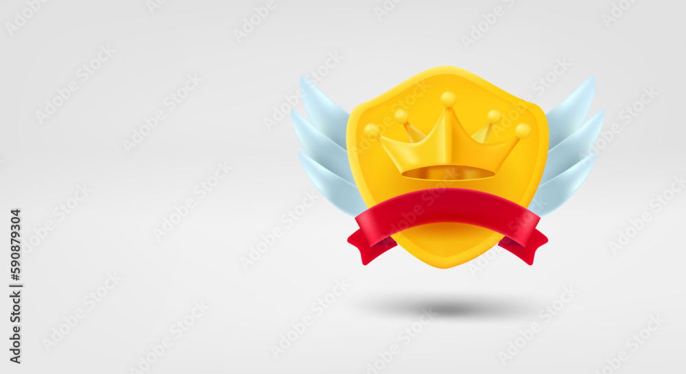 Poster golden crown on golden shield. 3d vector banner with copy space