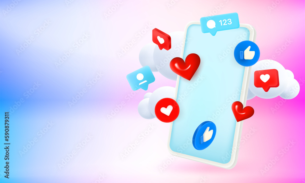 Poster Social media web or mobile application with emoji. 3d vector banner with copy space