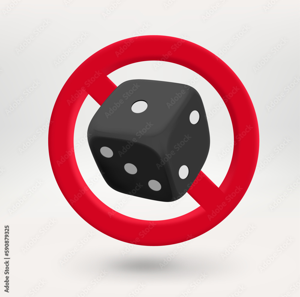 Poster Dice icon in red circle with crossed line. No gamebling concept. 3d vector icon