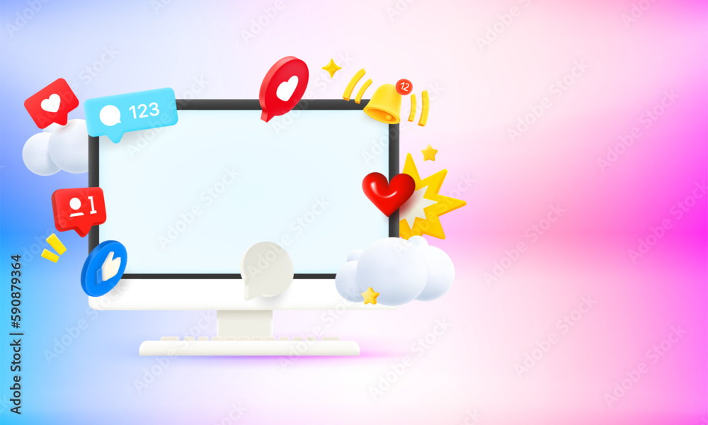 Poster Computer monitor with video social media elements and blank screen. 3d vector banner with copy space