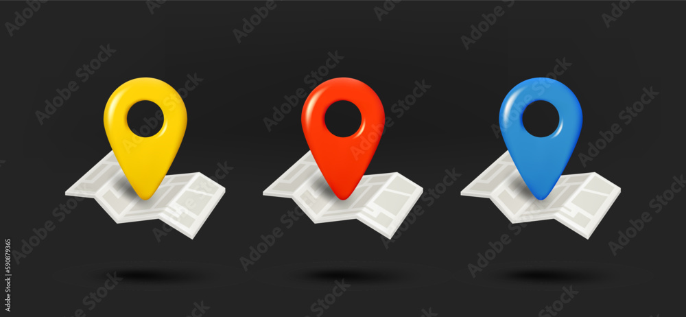 Poster color navigation pins icons collection. 3d vector isolated on black background