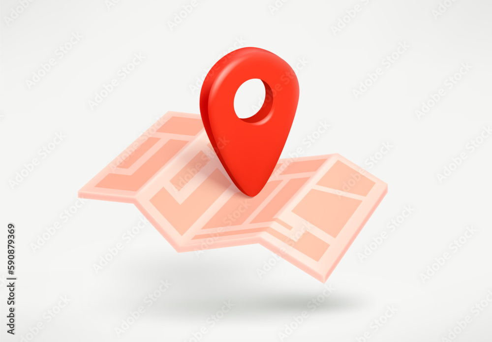 Poster Paper map with location pointer. 3d vector illustration