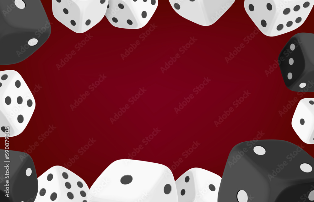Poster casino game concept with dice and casini chips. 3d vector frame with copy space