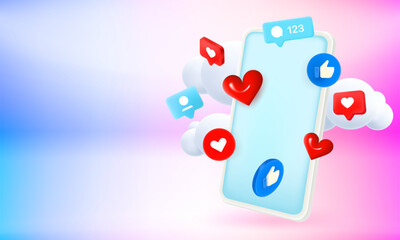 Obraz premium Social media web or mobile application with emoji. 3d vector banner with copy space