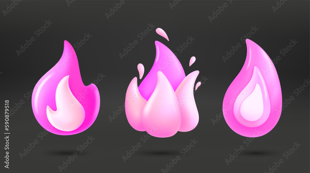 Poster pink flames collection. 3d vector icons isolated on dark background