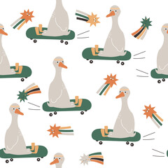 Funny goose on a skateboard. Childish seamless pattern. Vector hand drawn illustration. - 590879514