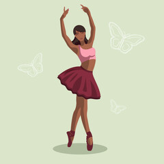Vector illustration classical ballet. African American woman ballet dancer in red tutu and pointe shoes dancing on green background. Beautiful young faceless ballerina in a flat style © okskukuruza