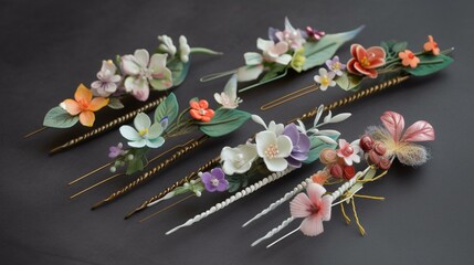 A set of hairpins and bows featuring tiny tropical flowers and foliage Generative AI