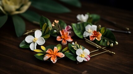 Obraz na płótnie Canvas A set of hairpins and bows featuring tiny tropical flowers and foliage Generative AI