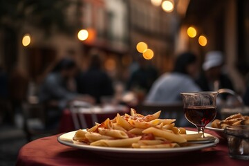 A plate of pasta with tomato sauce and red wine in a romantic Italian restaurant setting, AI generative
