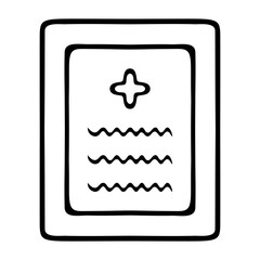 Fototapeta premium Doctor's appointment. Sketch. Vector illustration. Pharmacy medical prescription. Prescription form with a cross. Recommendations to the patient. Outline on isolated background. Doodle style. 