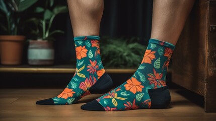 A pair of patterned socks with a bold, colorful design inspired by tropical foliage Generative AI