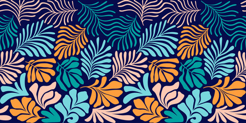 Multicolor abstract background with tropical palm leaves in Matisse style. Vector seamless pattern with Scandinavian cut out elements.