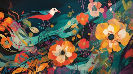 A scarf with a colorful, abstract print featuring tropical flowers and birds Generative AI