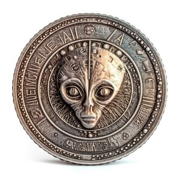 Representation of an ancient Roman coin with an alien face. Generative AI