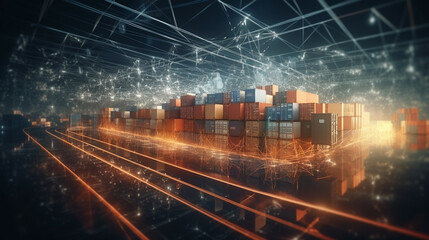 Transportation, logistics, moving - glowing lines and freight cargo