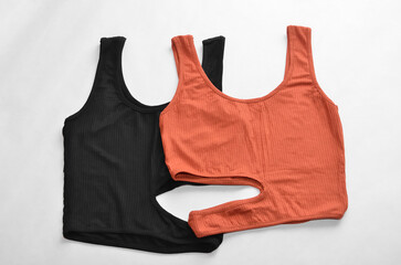Top T-Shirt Woman Muscular Short Fashion Basic Crop rust orange and another black on a white background 