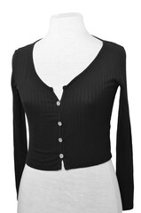 Women's black v-shirt with buttons on a white background