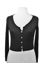 Women's black v-shirt with buttons on a white background