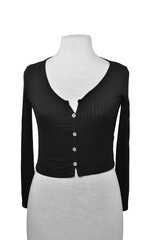 Women's black v-shirt with buttons on a white background