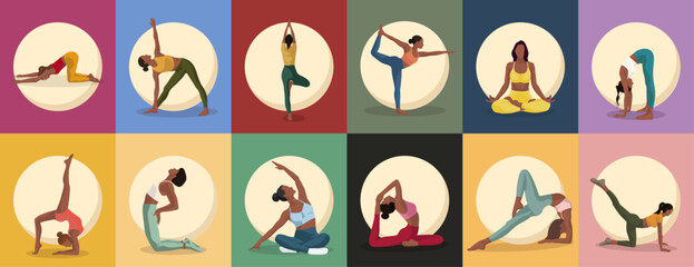 set of black girls doing exercise sport yoga in different poses and clothes on red ggreen black pink yellow blue backgrounds for apps webs posters banners