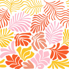 Multicolor abstract background with tropical palm leaves in Matisse style. Vector seamless pattern with Scandinavian cut out elements.