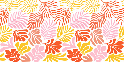 Multicolor abstract background with tropical palm leaves in Matisse style. Vector seamless pattern with Scandinavian cut out elements.