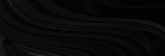 Black gray satin dark fabric texture luxurious shiny that is abstract silk cloth panorama background with patterns soft waves blur beautiful.