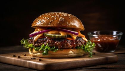 American cheese bbq beef with tomato lettuce juicy burger fast food presentation studio product isolated on black background.