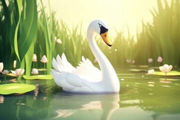 Obraz premium 3D cartoon graceful cute swan is gliding across a pond. Its feathers glistening in the sunlight. Generative AI